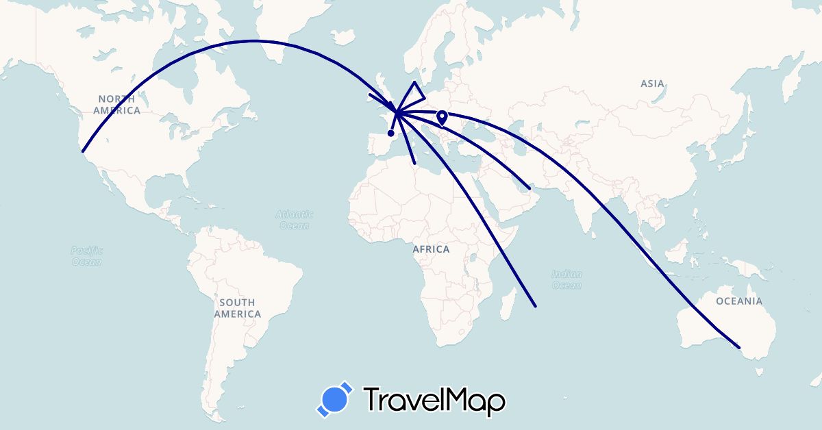 TravelMap itinerary: driving in United Arab Emirates, Australia, Germany, Denmark, France, United Kingdom, Ireland, Mauritius, Serbia, Tunisia, United States (Africa, Asia, Europe, North America, Oceania)